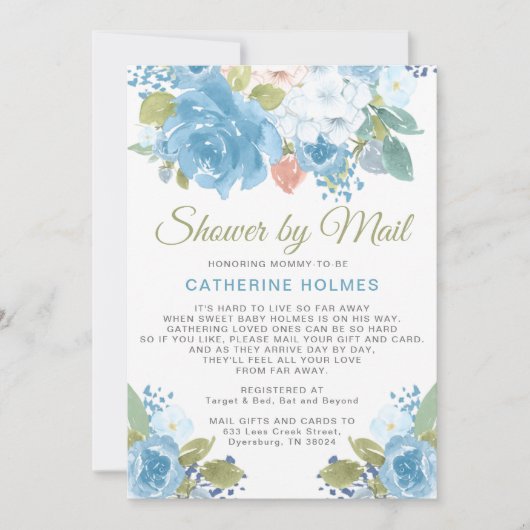 ブルー花模様シャワーバイメール赤ちゃんシャワー招待状 案内状 (正面)