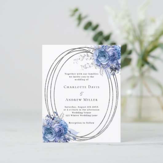 ブルー花模様シルバーフレーム結婚式招待状 (スタンド正面)