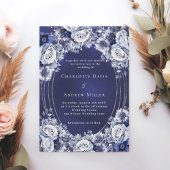 ブルー花模様シルバー結婚フレーム 招待状