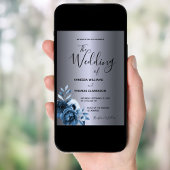 ブルー花模様ダークシルバー結婚メタリック 招待状