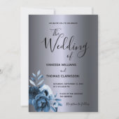 ブルー花模様ダークシルバー結婚メタリック 招待状 (正面)