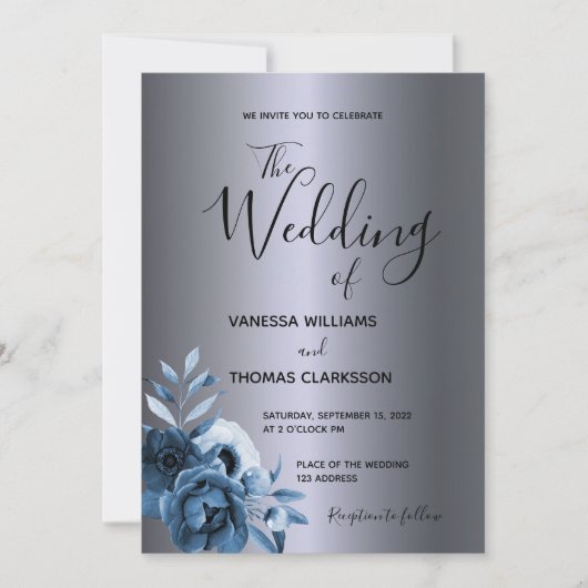 ブルー花模様ダークシルバー結婚メタリック 招待状 (正面)