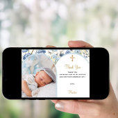 ブルー花模様フォトアーチ少年バプテスマサンキューカード 招待状