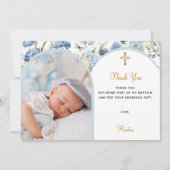 ブルー花模様フォトアーチ少年バプテスマサンキューカード 招待状 (正面)