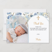 ブルー花模様フォトアーチ少年バプテスマサンキューカード 招待状 (正面)