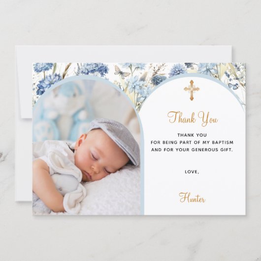 ブルー花模様フォトアーチ少年バプテスマサンキューカード 招待状 (正面)