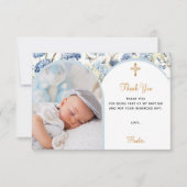 ブルー花模様フォトボーイ金ゴールドクロスバプテスマ サンキューカード (正面)