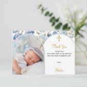 ブルー花模様フォトボーイ金ゴールドクロスバプテスマ サンキューカード (スタンド正面)