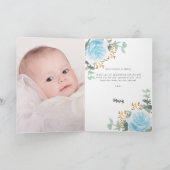 ブルー花模様ユーカリ十字写真バプテスマ サンキューカード (内部)