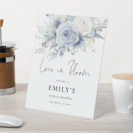 ブルー花模様ラブイン開花ウェルカムブライダルシャワー 台座サイン