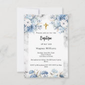 ブルー花模様大理石アーチ金ゴールドクロスバプテスマ 招待状 (正面)