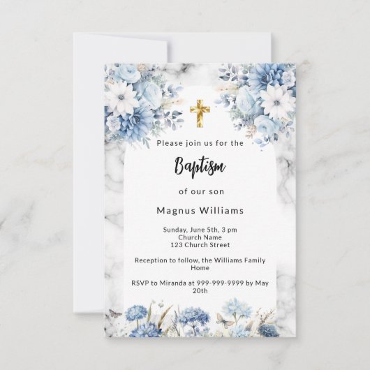 ブルー花模様大理石アーチ金ゴールドクロスバプテスマ 招待状 (正面)