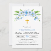 ブルー花模様金ゴールドクロスバプテスマとファースト誕生日 招待状 (正面)