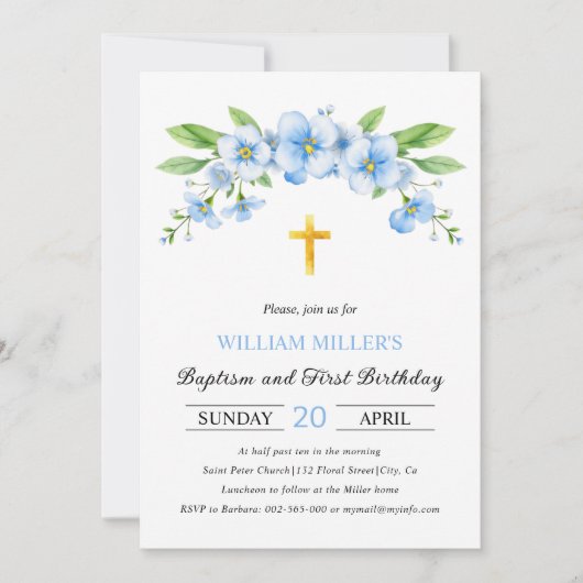 ブルー花模様金ゴールドクロスバプテスマとファースト誕生日 招待状 (正面)