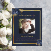 ブルー花模様金ゴールド写真葬儀プログラム