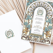 ブルー花模様&ゴールデンアクセントアールヌーボー結婚ズ 招待状