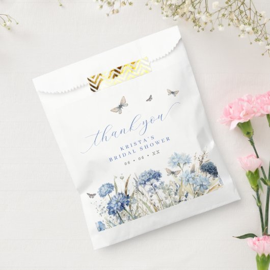 ブルー花模様&蝶サンキューユーブライダルシャワー フェイバーバッグ (封をした状態)