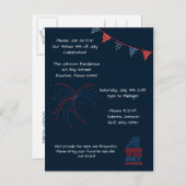 ブルー花火7月4日パーティの招待状 インビテーションポストカード (正面/裏面)