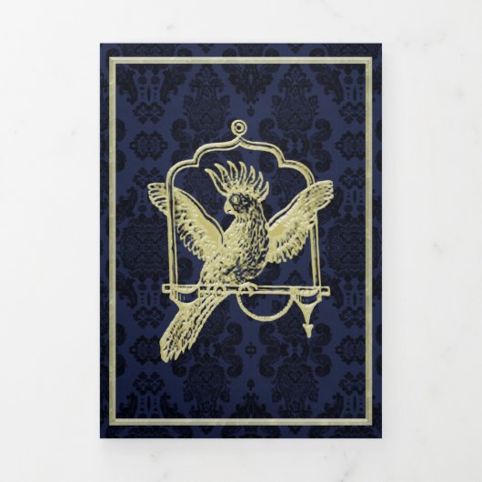 ブルー華美ダマスクヴィンテージウェディング 三つ折り招待状 (カバー)