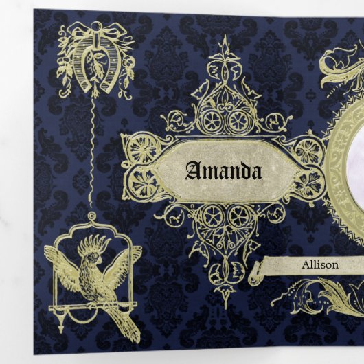 ブルー華美ダマスクヴィンテージウェディング 三つ折り招待状 (内部最初)