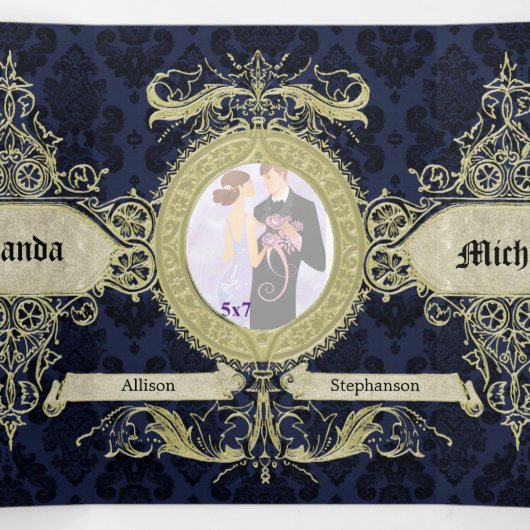 ブルー華美ダマスクヴィンテージウェディング 三つ折り招待状 (内部中)