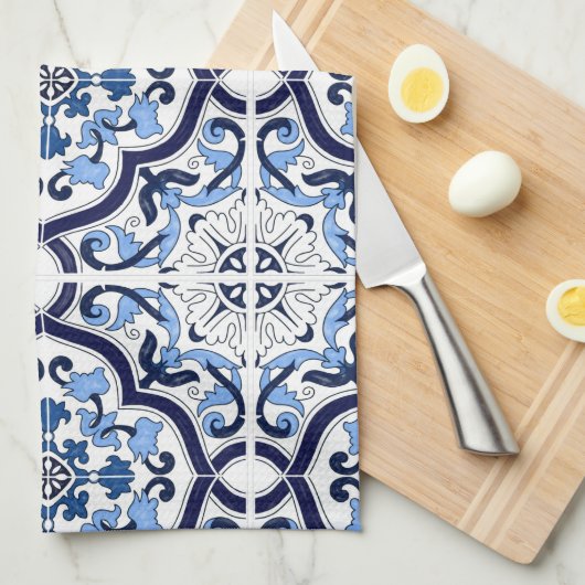 ブルー華美フローラシ地中海のシリアタイルシュ キッチンタオル (四つ折り)