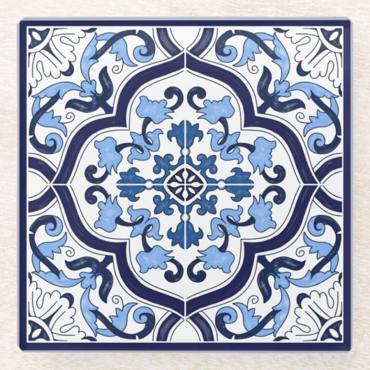 ブルー華美フローラシ地中海のシリアタイル ガラスコースター (正面)