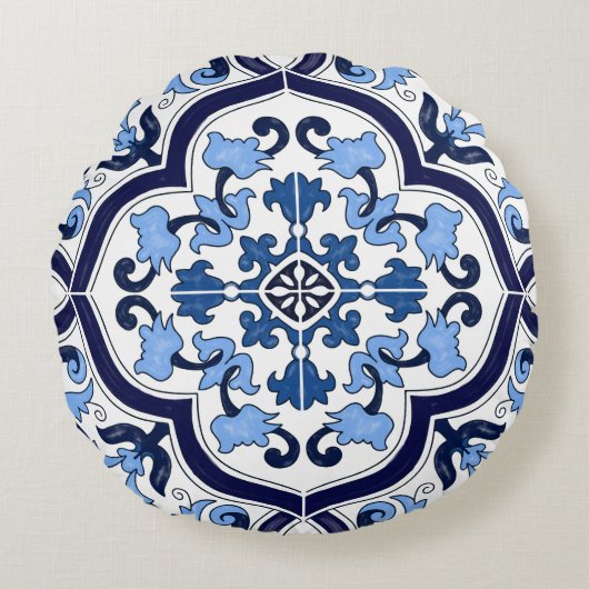 ブルー華美フローラシ地中海のシリアタイル ラウンドクッション (正面)