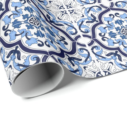 ブルー華美フローラシ地中海のシリアタイル ラッピングペーパー (ロールコーナー)