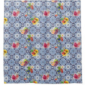 ブルー華美フローラフルーティベリーシチリアタイル シャワーカーテン (正面)