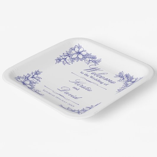 ブルー華美フローラ結婚の紙プレート ペーパープレート (傾斜あり)