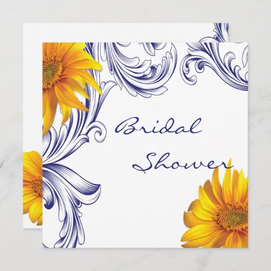 ブルー華美王室のイエローサンフラワーズブライダルシャワー 招待状 (正面/裏面)