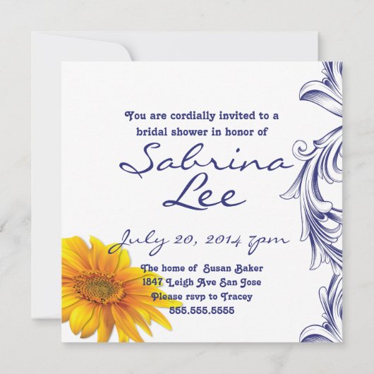 ブルー華美王室のイエローサンフラワーズブライダルシャワー 招待状 (裏面)