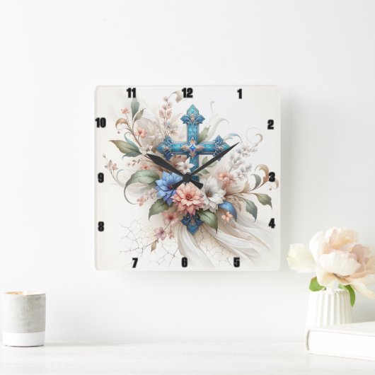 ブルー華美&金ゴールドクロスフローラエレガンス スクエア壁時計 (ホーム)