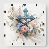 ブルー華美&金ゴールドクロスフローラエレガンス スクエア壁時計 (正面)