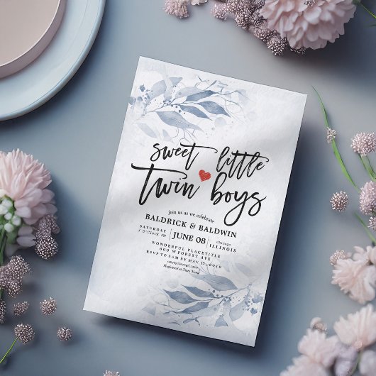 ブルー葉ベイビーシャワー甘い双子の少年 招待状