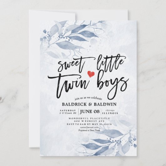 ブルー葉ベイビーシャワー甘い双子の少年 招待状 (正面)