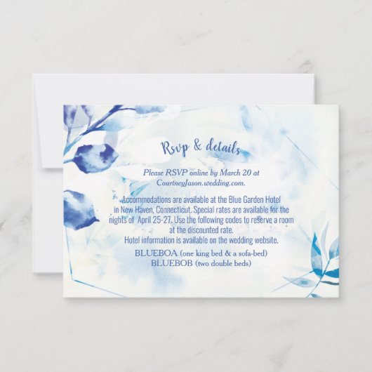 ブルー葉ボタニカルウェディングRSVPオンラインカード 出欠カード (正面)