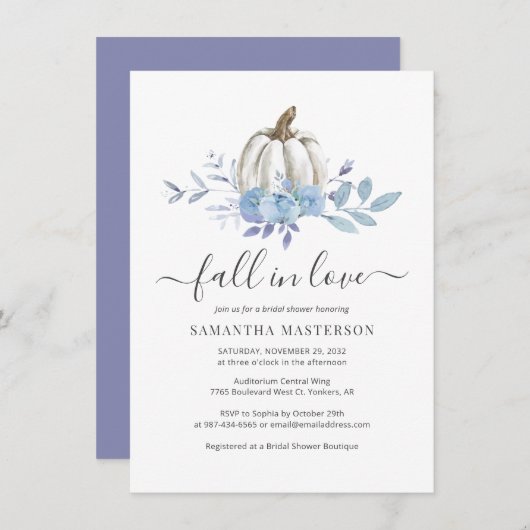 ブルー薄紫カボチャ秋インラブブライダルシャワー 招待状 (正面/裏面)