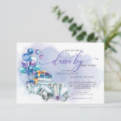 ブルー薄紫ヴィンテージカードライブバイベビーシャワー 招待状 (スタンド正面)