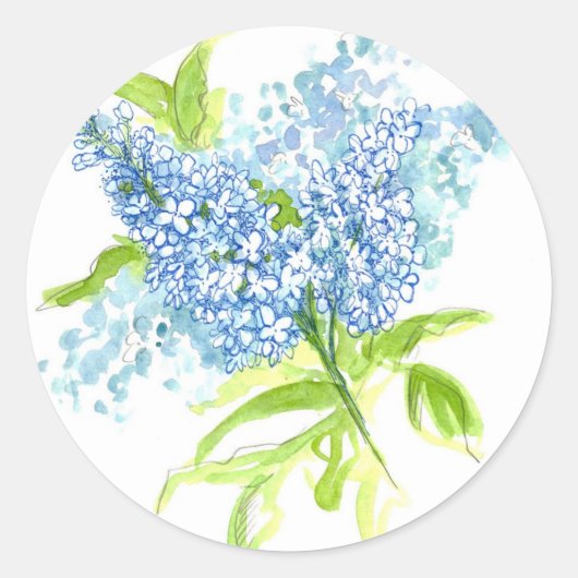 ブルー薄紫春ブーケウォーターカラーフラワーズ ラウンドシール (正面)