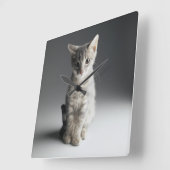 ブルー虎猫キッテン スクエア壁時計 (傾斜)