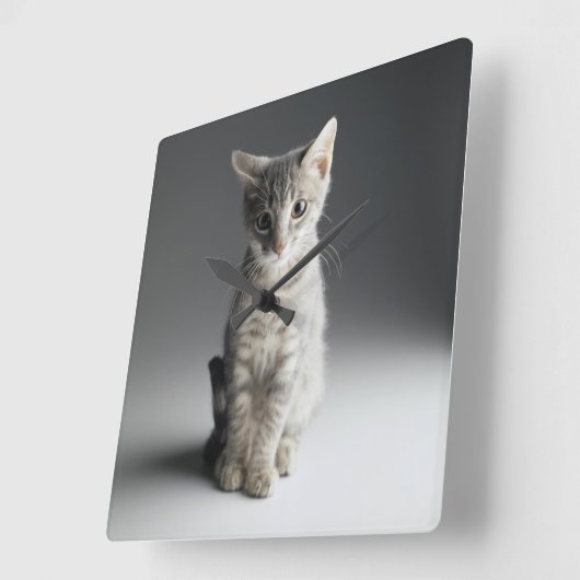 ブルー虎猫キッテン スクエア壁時計 (傾斜)