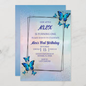 ブルー蝶の誕生日パーティーへの招待 招待状 (正面/裏面)