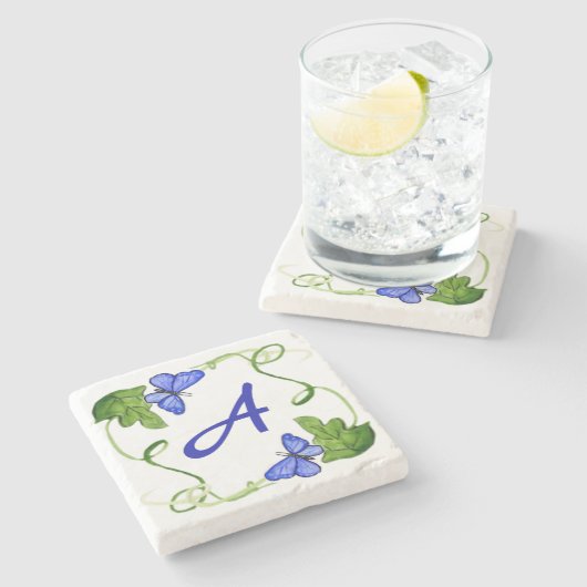 ブルー蝶グリーンリーフカスタムモノグラム ストーンコースター (横)