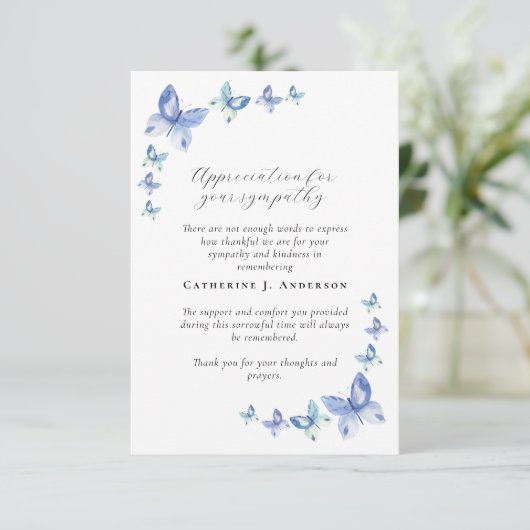 ブルー蝶フォト悔やみや弔慰葬儀記念 サンキューカード (スタンド正面)