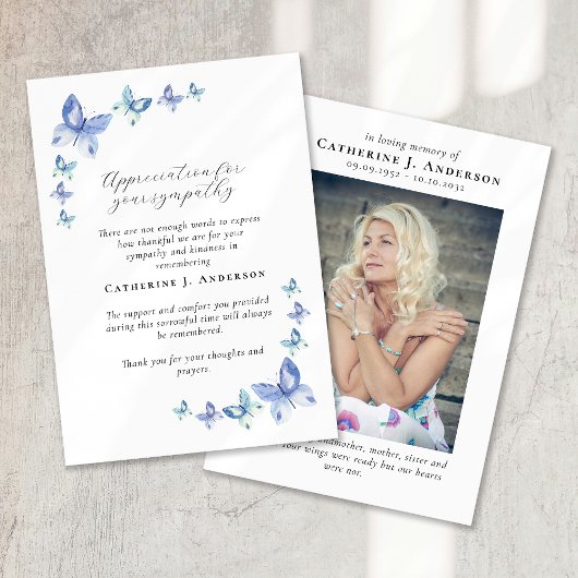 ブルー蝶フォト悔やみや弔慰葬儀記念 サンキューカード