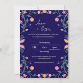 ブルー複雑なフローラフレーム結婚式招待状 (正面)