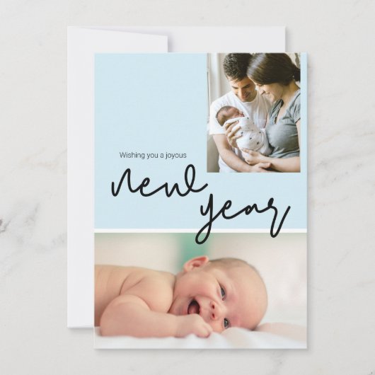 ブルー誕生スタットフォトハッピー新年男の赤ちゃん シーズンカード (正面)