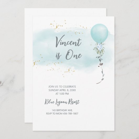 ブルー誕生日招待状男の赤ちゃん水色 招待状 (正面/裏面)